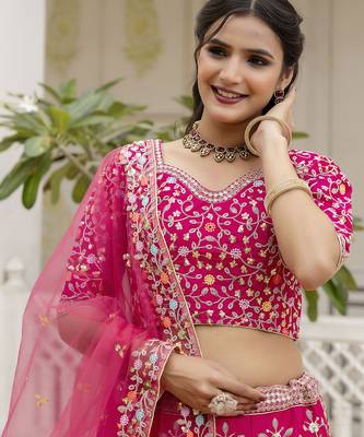 Trendmalls Pink Satin Thread and Sequin Work Lehenga Choli 5