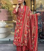 Reddish Floral Printed Cotton Suit Set with Mulmul Dupatta