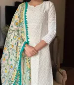Off White Kurta and Pant Set with Printed Chanderi Dupatta