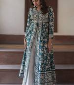 Greenish Blue Heavy Embroidered Magic Cotton Shrug with Palazzo Set