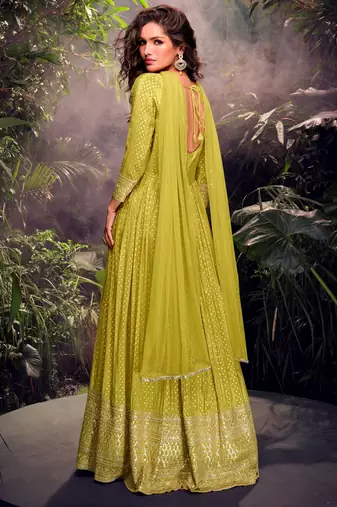 Green embroidered jacquard anarkali suit