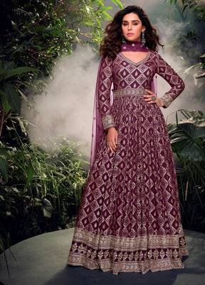Purple embroidered jacquard anarkali suit 1