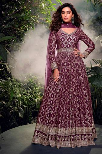 Purple embroidered jacquard anarkali suit