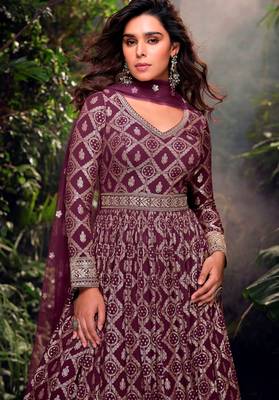 Purple embroidered jacquard anarkali suit 2