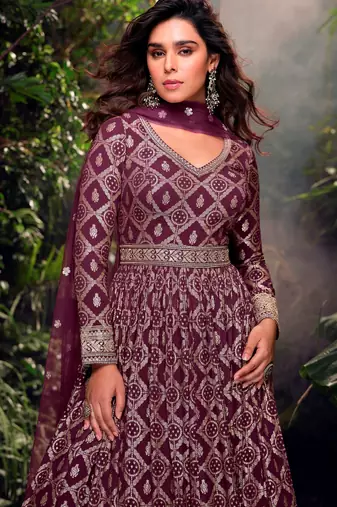 Purple embroidered jacquard anarkali suit