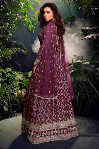 Purple embroidered jacquard anarkali suit