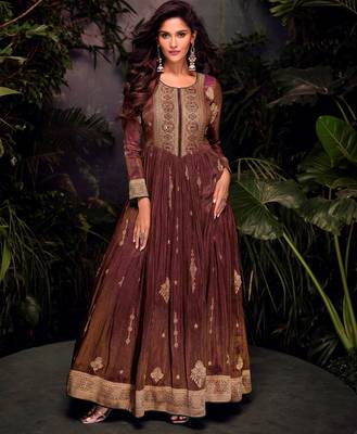 Brown embroidered jacquard anarkali suit 1