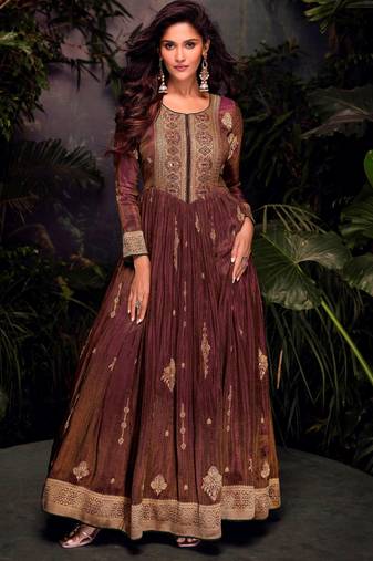 Brown embroidered jacquard anarkali suit