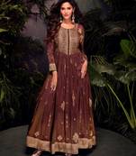 Brown embroidered jacquard anarkali suit