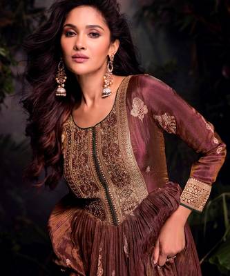 Brown embroidered jacquard anarkali suit 2