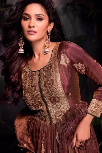 Brown embroidered jacquard anarkali suit