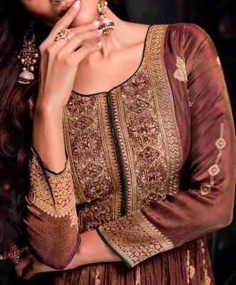 Brown embroidered jacquard anarkali suit 3