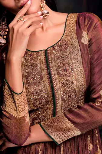 Brown embroidered jacquard anarkali suit