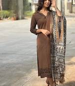 Brown Embroidered Cotton Suit Set with Dupatta