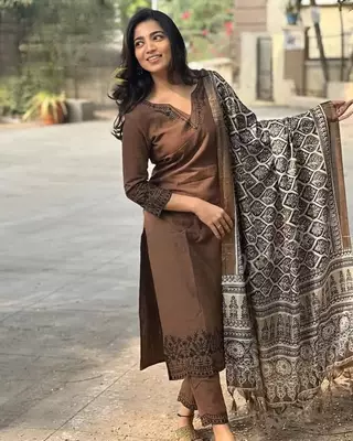 Brown Embroidered Cotton Suit Set with Dupatta 2
