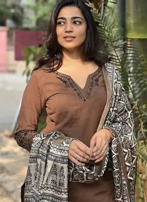 Brown Embroidered Cotton Suit Set with Dupatta 3