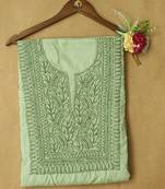 Hand embroidered pista green cotton lucknowi chikankari unstitched kurta piece