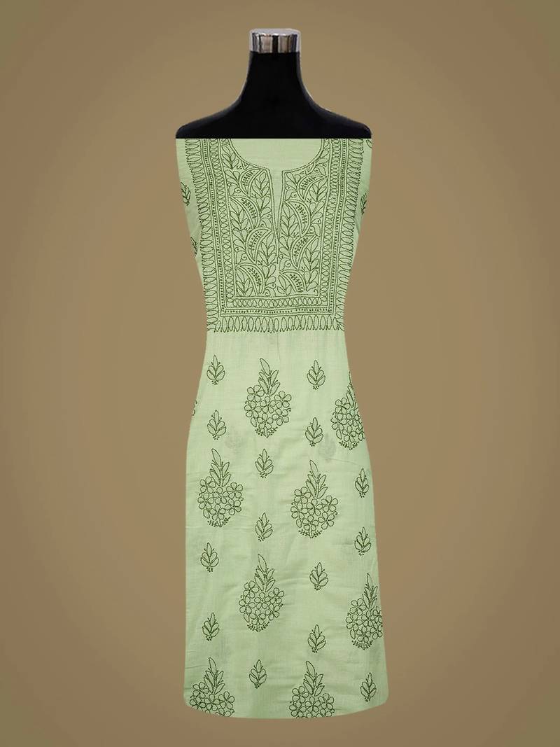 Hand embroidered pista green cotton lucknowi chikankari unstitched kurta piece