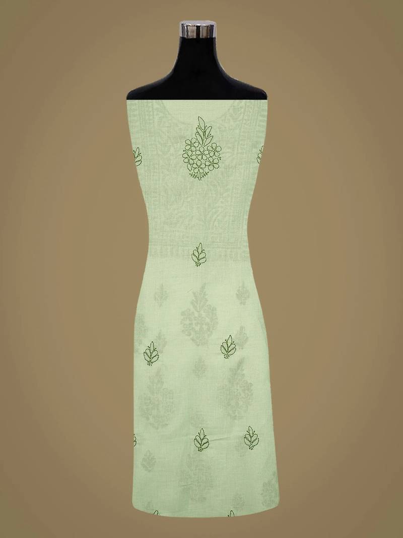 Hand embroidered pista green cotton lucknowi chikankari unstitched kurta piece