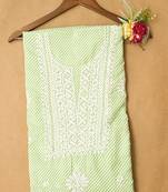 Hand embroidered green and white lehariya print cotton lucknowi chikankari unstitched kurta piece