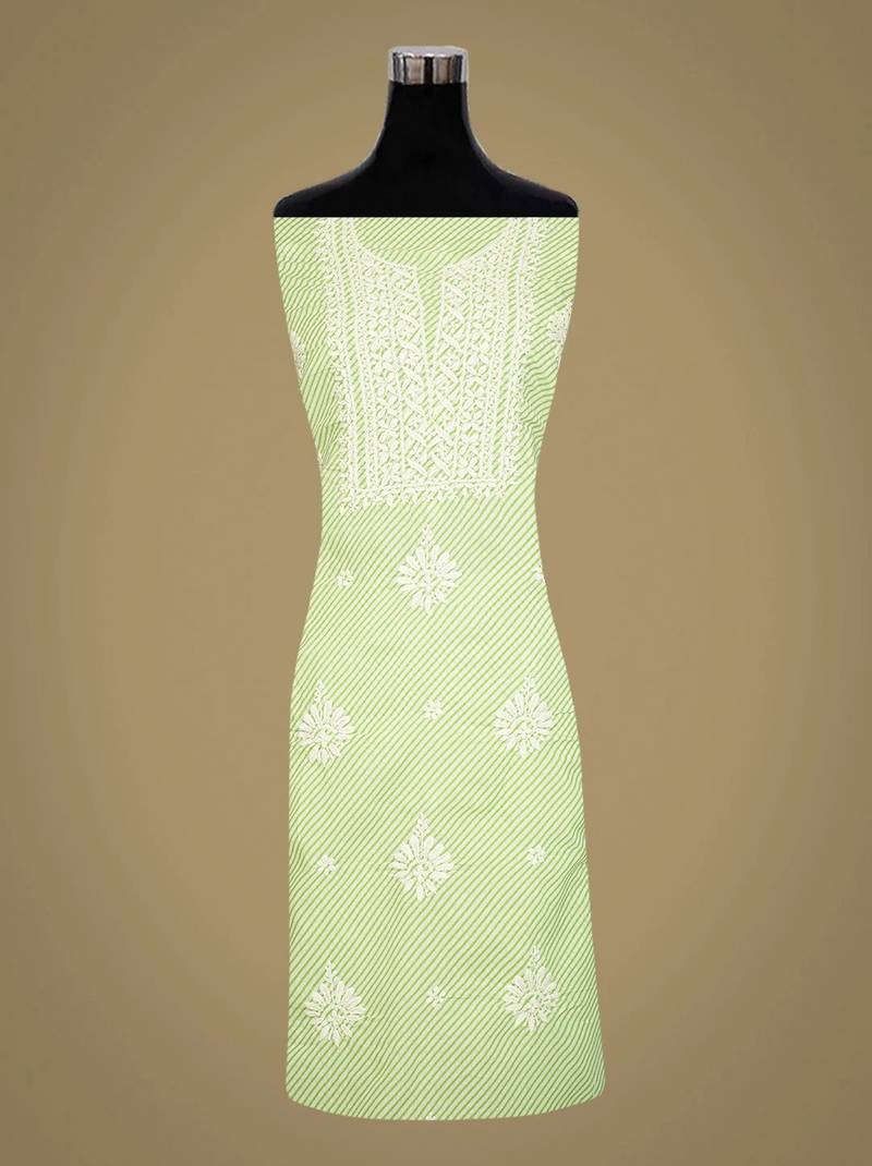 Hand embroidered green and white lehariya print cotton lucknowi chikankari unstitched kurta piece