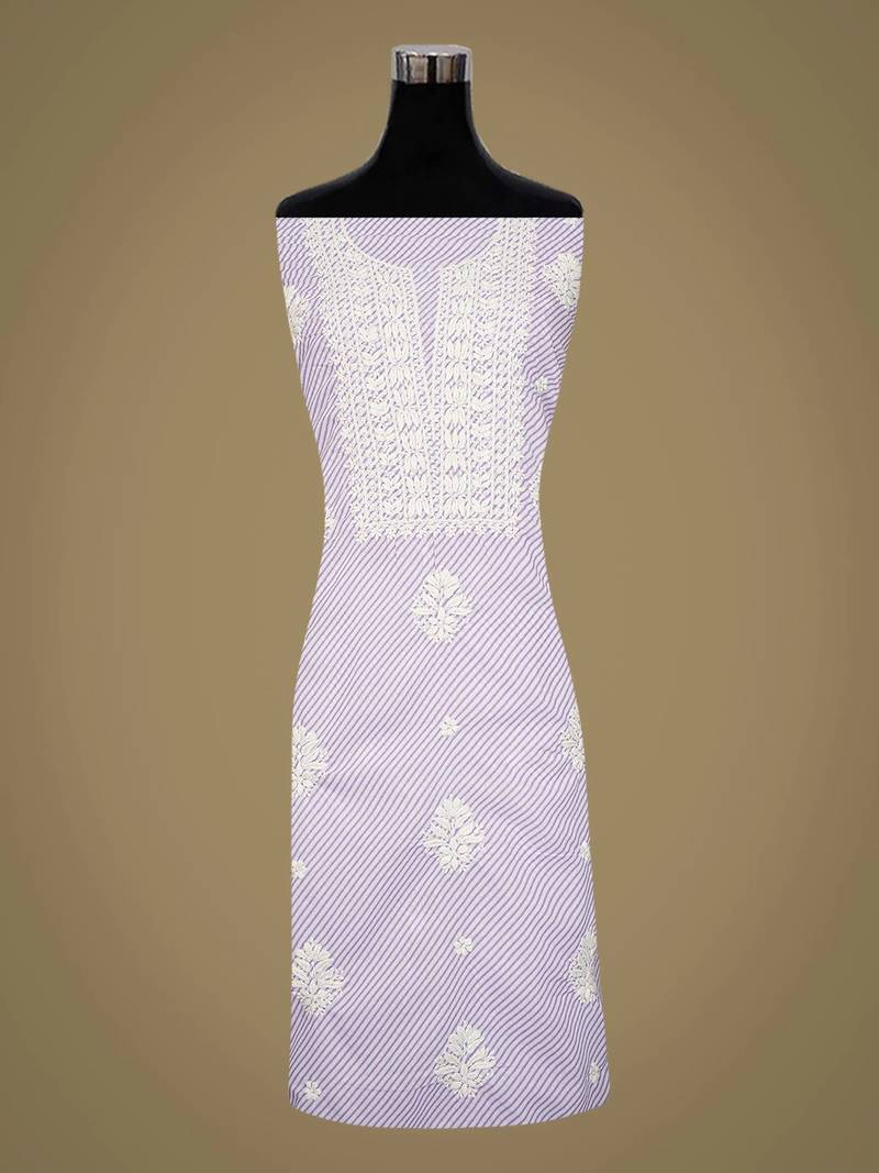 Hand embroidered mauve and white lehariya print cotton lucknowi chikankari unstitched kurta piece