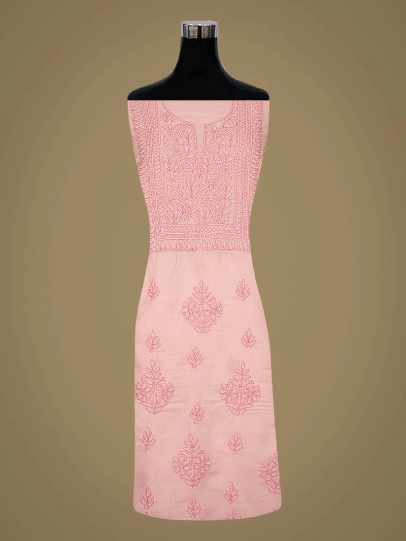 Hand embroidered pink cotton lucknowi chikankari unstitched kurta piece