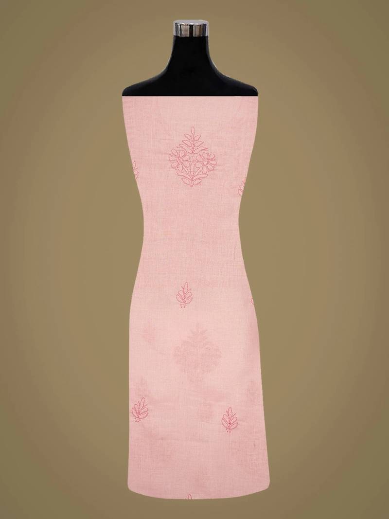 Hand embroidered pink cotton lucknowi chikankari unstitched kurta piece