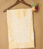 Hand embroidered yellow and white lehariya print cotton lucknowi chikankari unstitched kurta piece