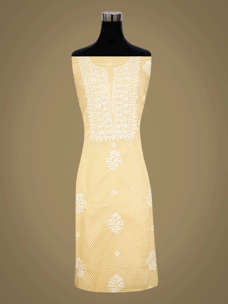 Hand embroidered yellow and white lehariya print cotton lucknowi chikankari unstitched kurta piece