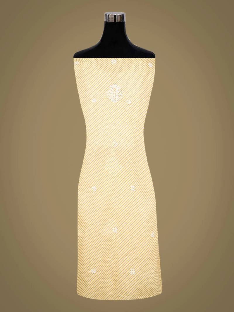 Hand embroidered yellow and white lehariya print cotton lucknowi chikankari unstitched kurta piece