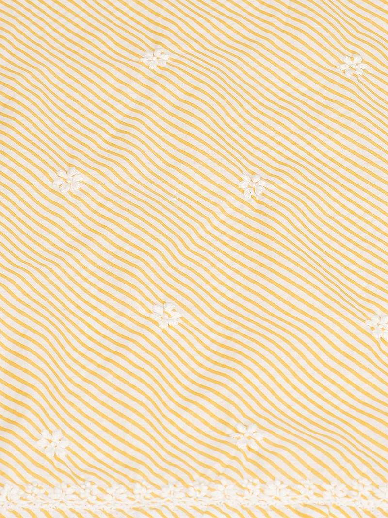 Hand embroidered yellow and white lehariya print cotton lucknowi chikankari unstitched kurta piece