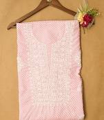 Hand embroidered pink and white lehariya print cotton lucknowi chikankari unstitched kurta piece