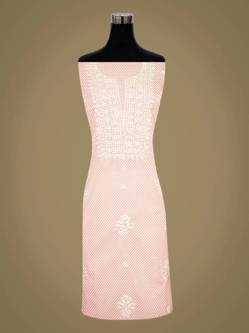 Hand embroidered pink and white lehariya print cotton lucknowi chikankari unstitched kurta piece