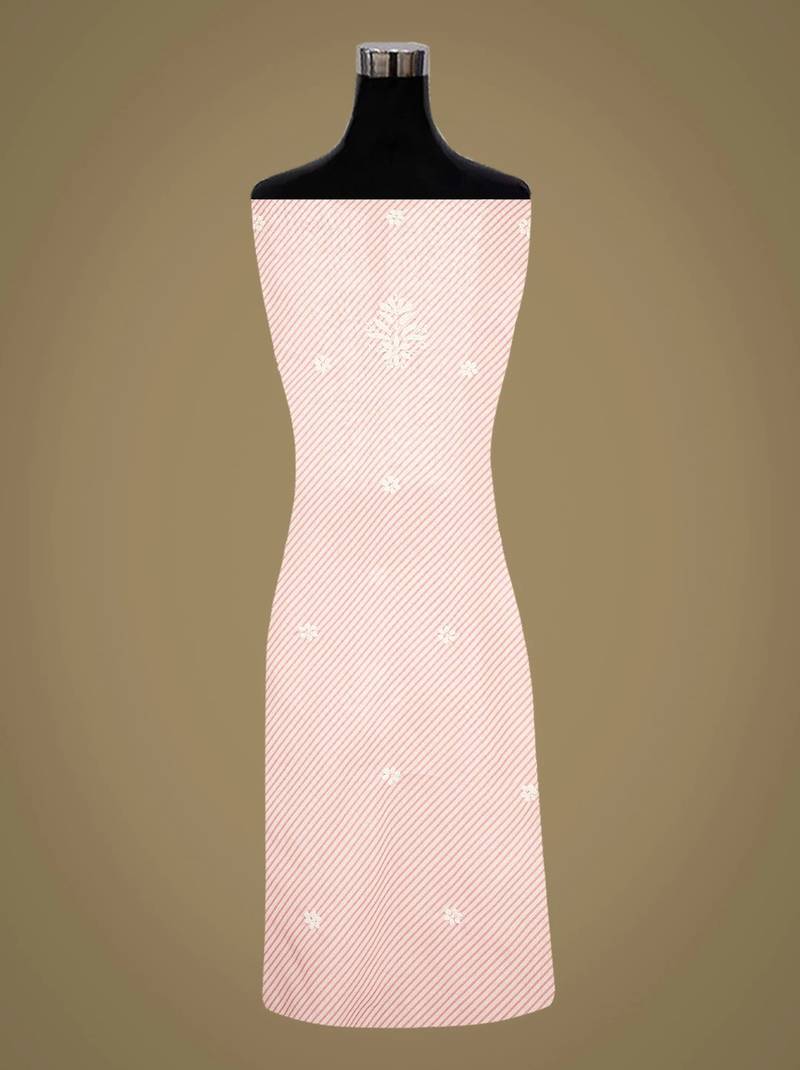 Hand embroidered pink and white lehariya print cotton lucknowi chikankari unstitched kurta piece