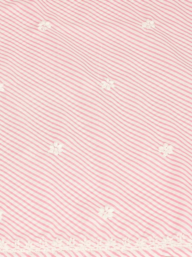 Hand embroidered pink and white lehariya print cotton lucknowi chikankari unstitched kurta piece