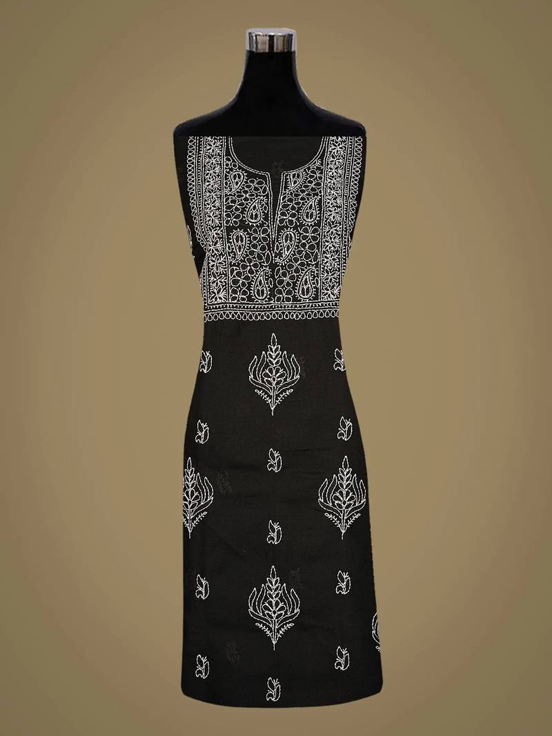Hand embroidered black cotton lucknowi chikankari unstitched kurta piece