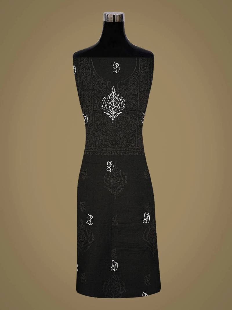 Hand embroidered black cotton lucknowi chikankari unstitched kurta piece