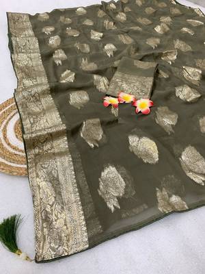 Olive Green Weaving Viscose Georgette Saree 1