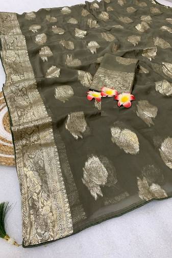 Olive Green Weaving Viscose Georgette Saree