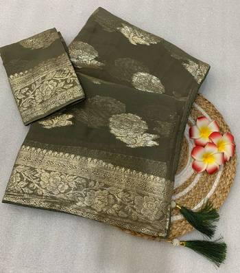 Olive Green Weaving Viscose Georgette Saree 2