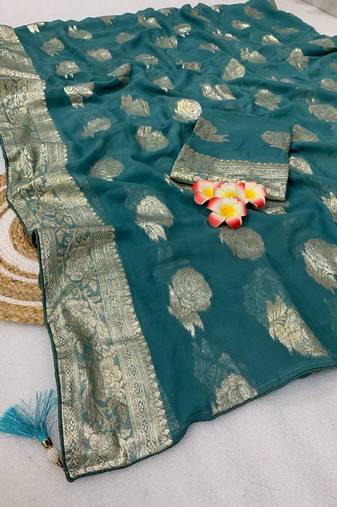 Teal weaving Viscose Georgette Saree