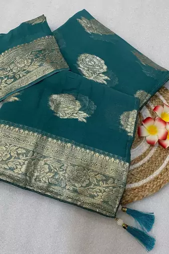 Teal weaving Viscose Georgette Saree