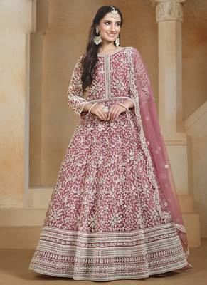 Onion pink net embroidered anarkali suit 1