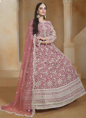 Onion pink net embroidered anarkali suit 2
