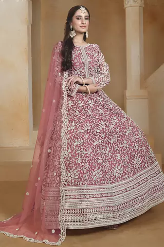 Onion pink net embroidered anarkali suit