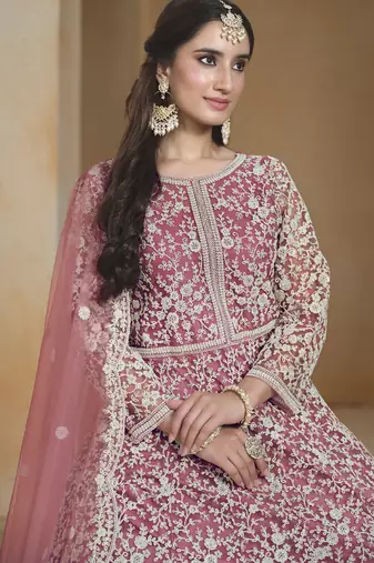 Onion pink net embroidered anarkali suit
