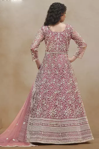 Onion pink net embroidered anarkali suit
