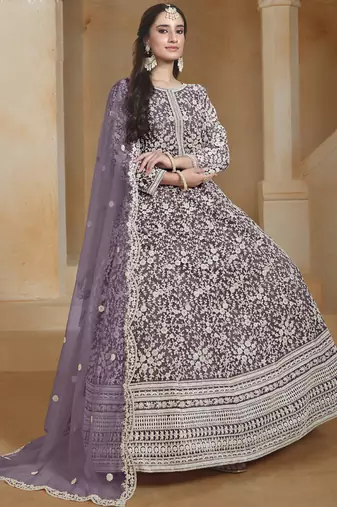 Light purple net embroidered anarkali suit