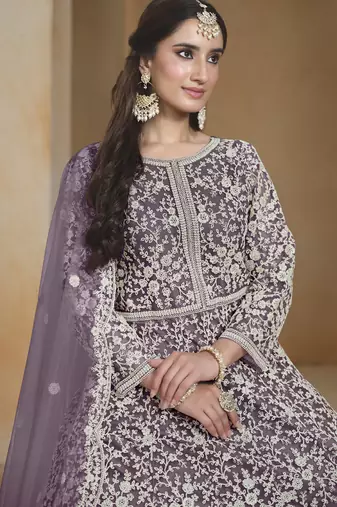 Light purple net embroidered anarkali suit